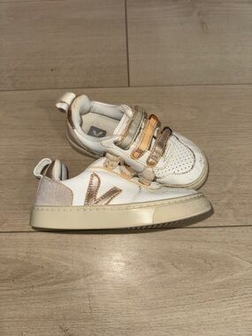 Veja Kids White Leather Sneakers with Metallic Gold Accents 10